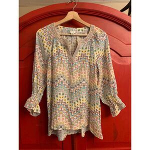 Spense Small Multicolor Boho Top Blouse Shirt Lace Trimmed Neck Soft Light EUC